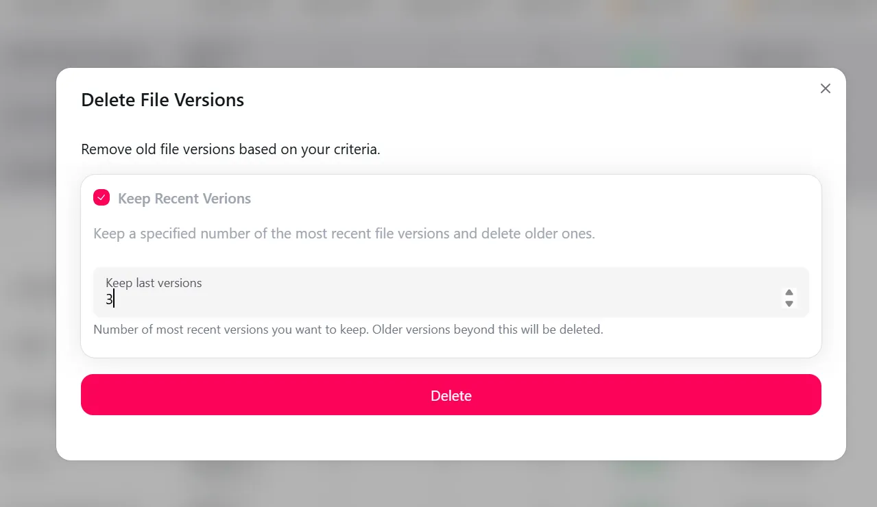 Réglage du nombre de versions récentes à conserver avant de lancer le nettoyage