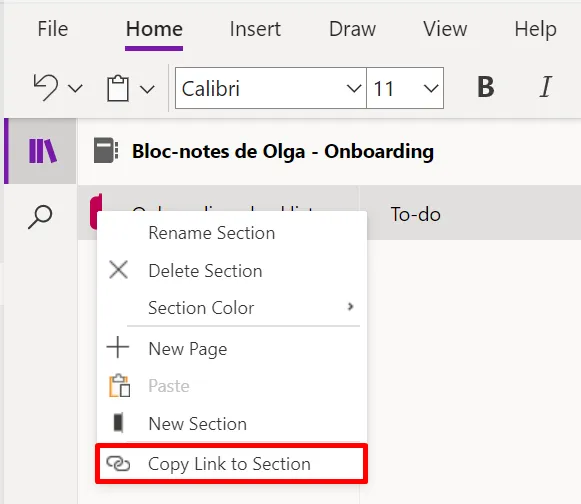 Onenote in Microsoft Teams: copy link to section