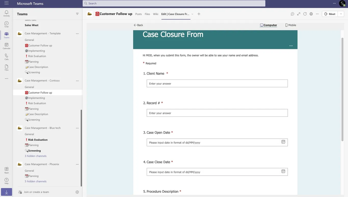 Case Management Teams Template Forms