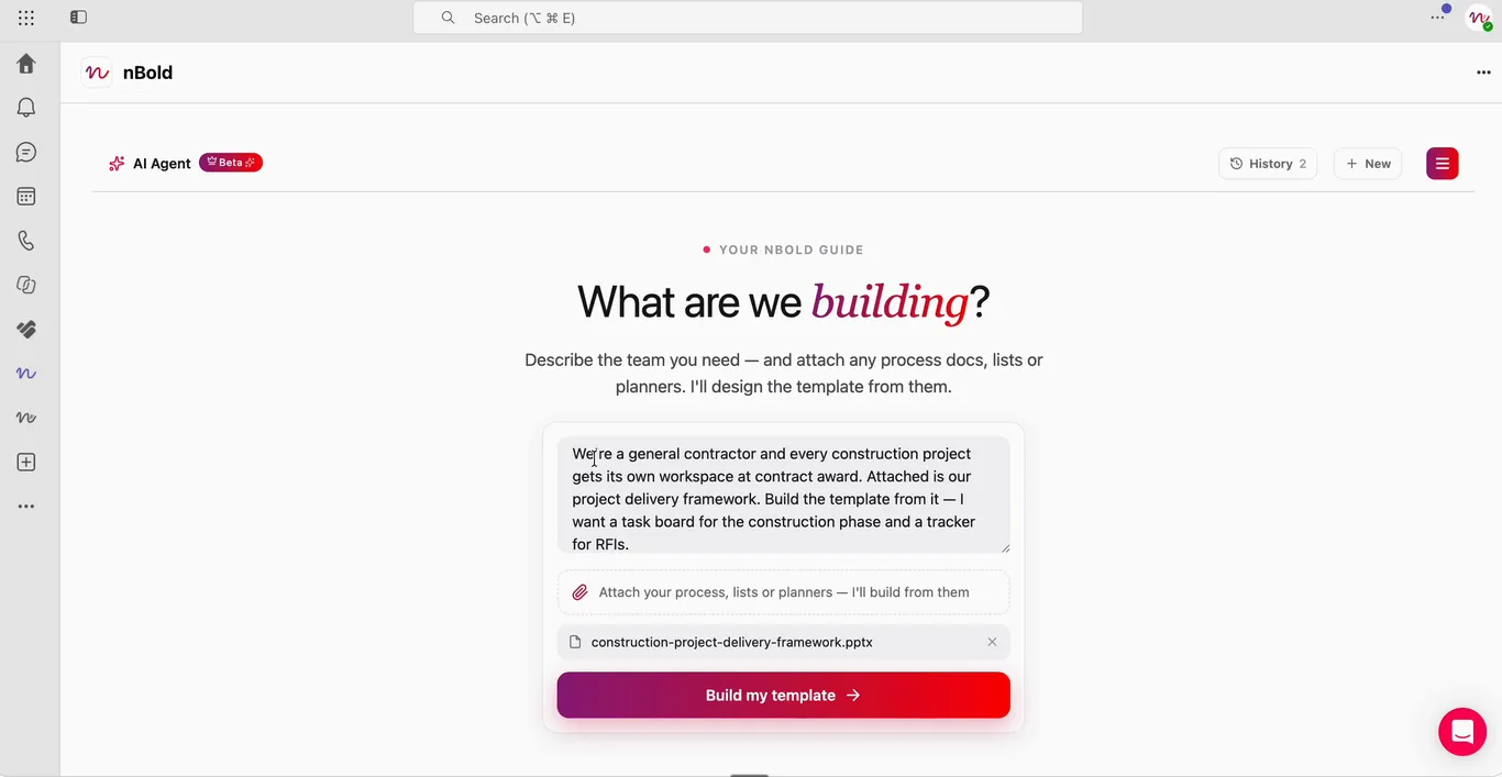 The nBold Template Agent prompt screen "What are we building?" with Meridian Build's typed brief and an attached project delivery framework file
