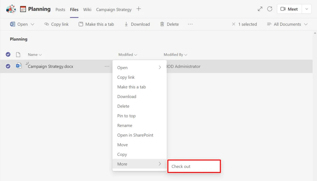 check ou a document in Teams