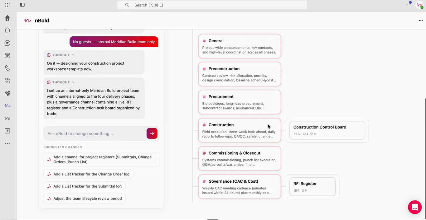 The complete draft template with six channels and a panel of four suggested changes below the chat